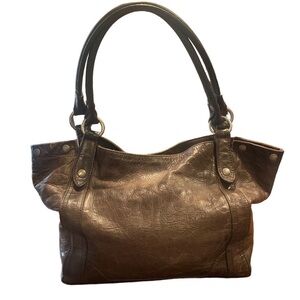 FRYE Melissa Satchel brown leather brushed silver hardware stripe interior P3